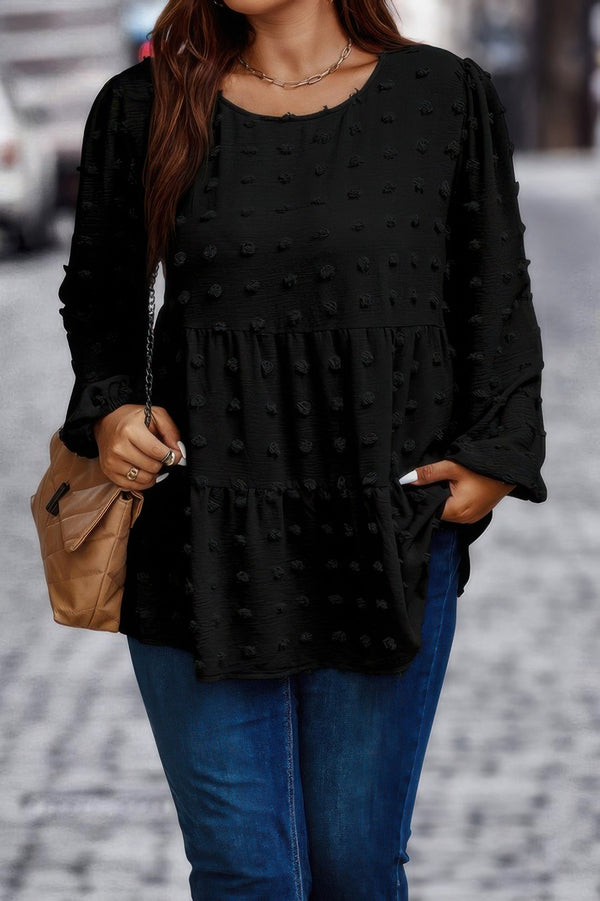 Plus Swiss Dot Round Neck Ruffle Hem Blouse - | SmartBuyApparel