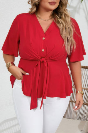 Plus Tie Front Half Button V Neck Solid Blouse - | SmartBuyApparel