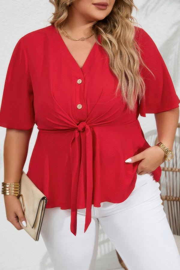 Plus Tie Front Half Button V Neck Solid Blouse - | SmartBuyApparel