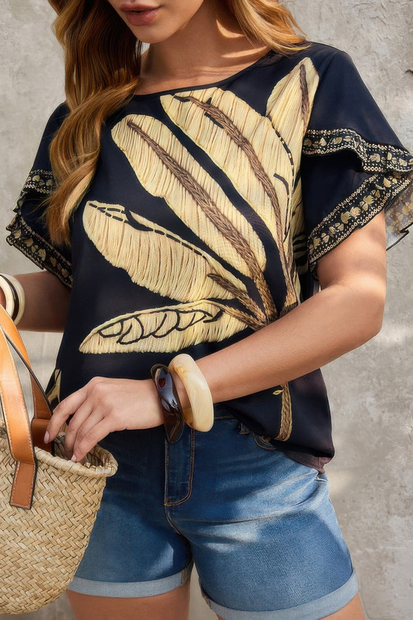 Plus Tropical Print Ruffle Hem Sleeve Blouse - | SmartBuyApparel