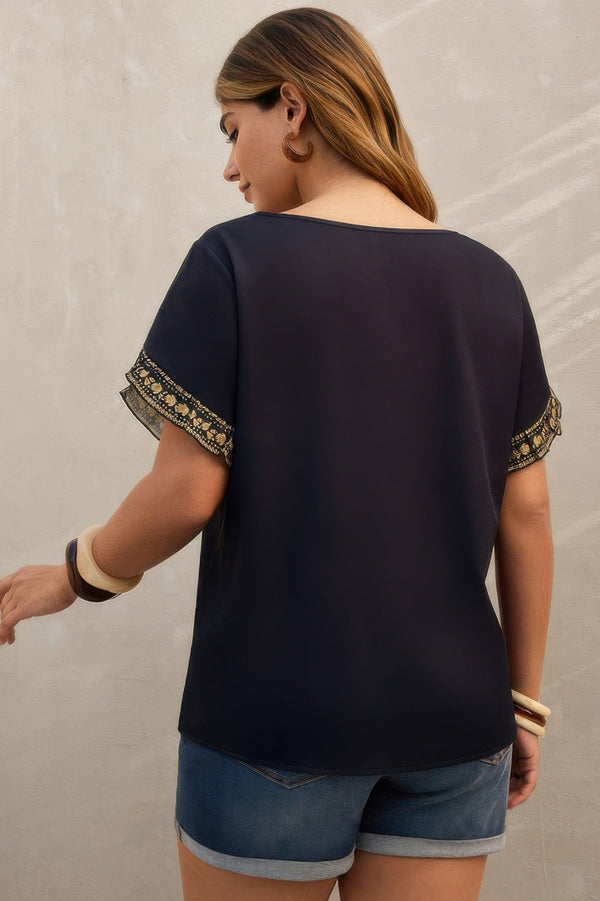 Plus Tropical Print Ruffle Hem Sleeve Blouse - | SmartBuyApparel