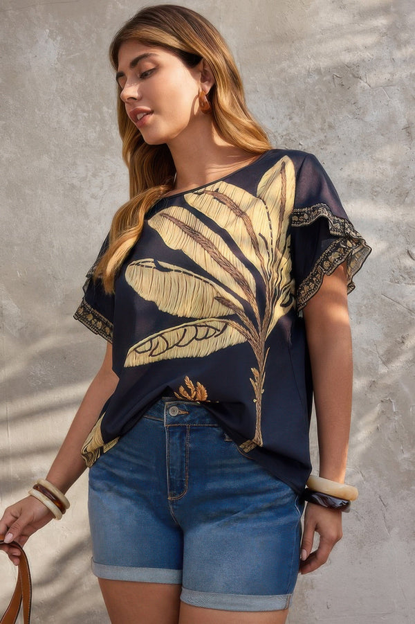 Plus Tropical Print Ruffle Hem Sleeve Blouse - | SmartBuyApparel
