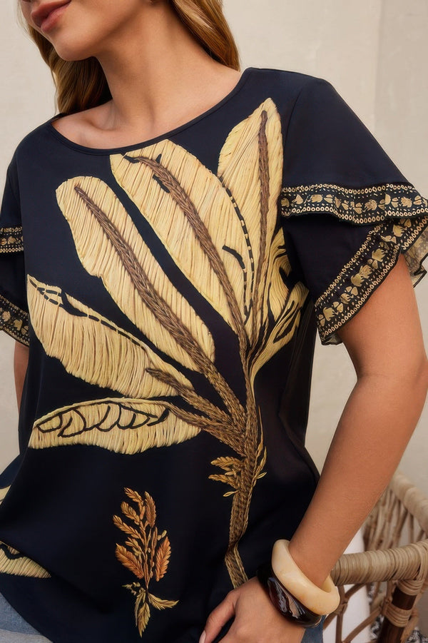 Plus Tropical Print Ruffle Hem Sleeve Blouse - | SmartBuyApparel