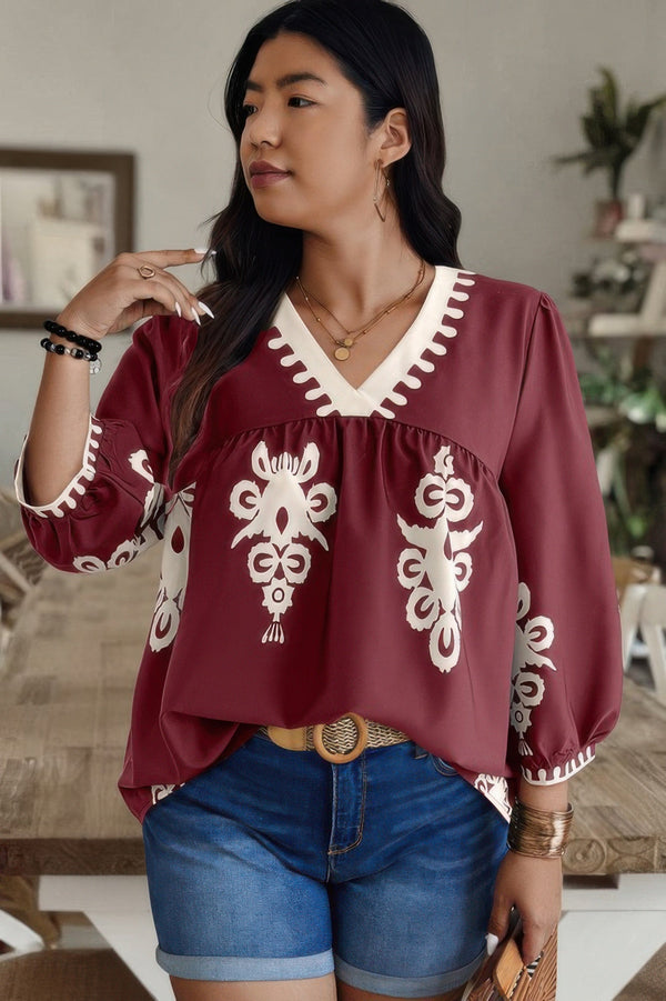 Plus V Neck Geo Print Puff Sleeve Blouse - | SmartBuyApparel