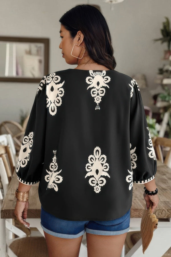 Plus V Neck Geo Print Puff Sleeve Blouse - | SmartBuyApparel