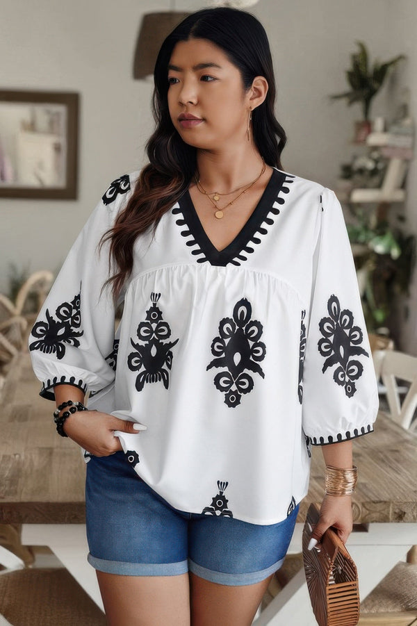 Plus V Neck Geo Print Puff Sleeve Blouse - | SmartBuyApparel