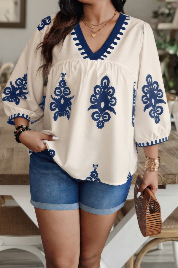 Plus V Neck Geo Print Puff Sleeve Blouse - | SmartBuyApparel