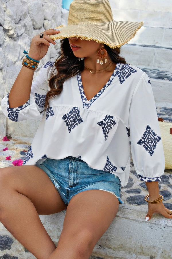 Plus V Neck Geometric Printed Embroidered Peplum Shirt - | SmartBuyApparel