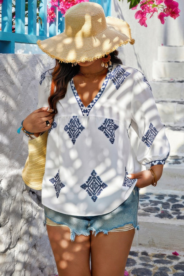 Plus V Neck Geometric Printed Embroidered Peplum Shirt - | SmartBuyApparel