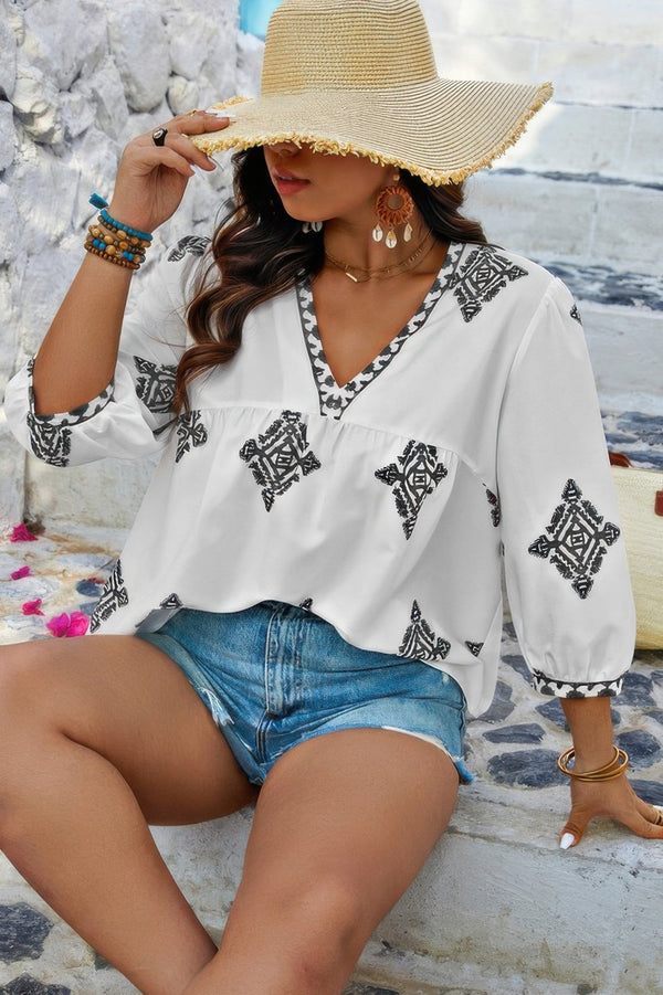 Plus V Neck Geometric Printed Embroidered Peplum Shirt - | SmartBuyApparel