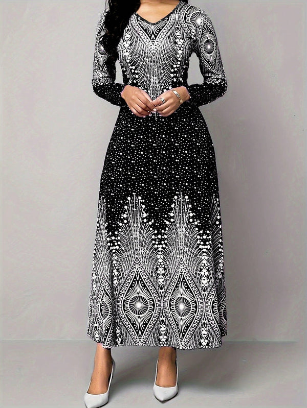 Polka Dot Printed V - Neck Long Sleeve Maxi Dress - SmartBuyApparel - Women Dresses