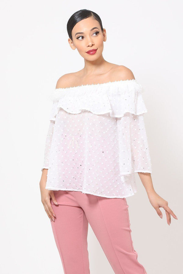 Polka Dot Sheer Off Shoulder Top - Top - SmartBuyApparel