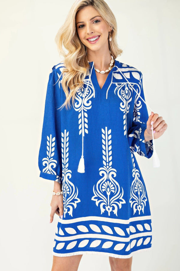 Printed 3/4 Sleeve Dress With Tassel Tie And Fringe Detail On Hem - Dress - SmartBuyApparel