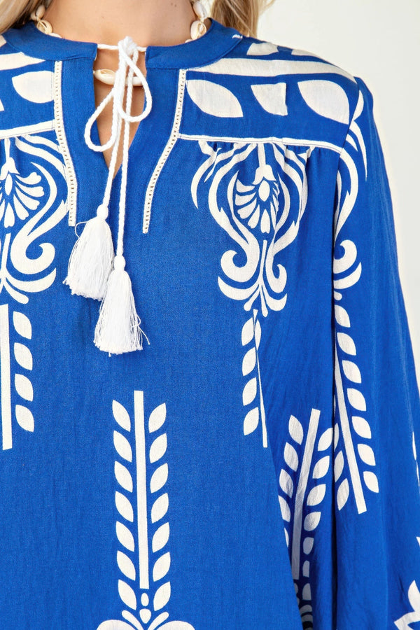 Printed 3/4 Sleeve Dress With Tassel Tie And Fringe Detail On Hem - Dress - SmartBuyApparel