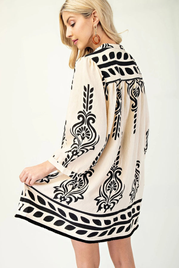 Printed 3/4 Sleeve Dress With Tassel Tie And Fringe Detail On Hem - Dress - SmartBuyApparel