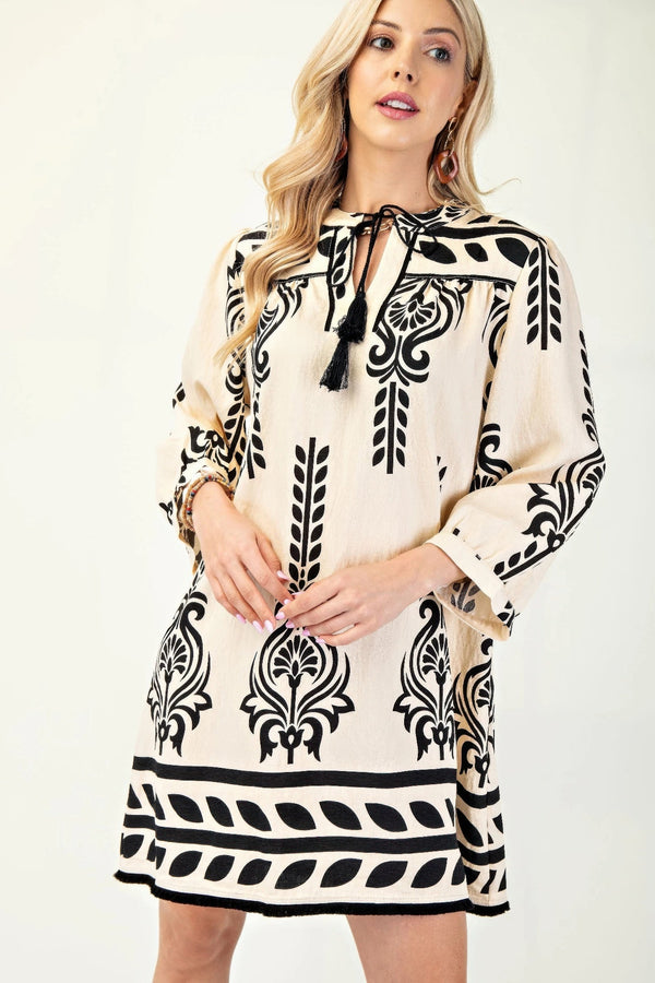 Printed 3/4 Sleeve Dress With Tassel Tie And Fringe Detail On Hem - Dress - SmartBuyApparel