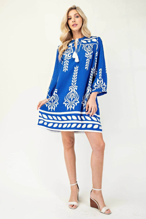 Printed 3/4 Sleeve Dress With Tassel Tie And Fringe Detail On Hem - Dress - SmartBuyApparel