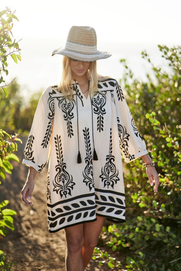 Printed 3/4 Sleeve Dress With Tassel Tie And Fringe Detail On Hem - Dress - SmartBuyApparel