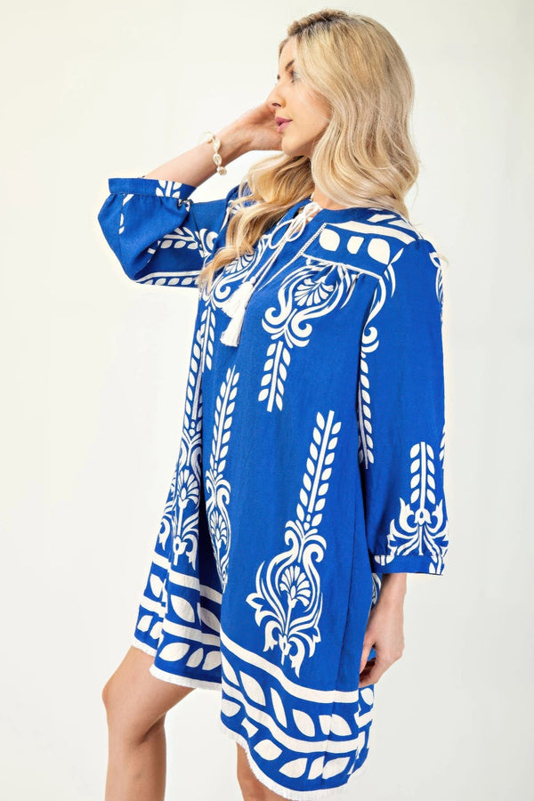 Printed 3/4 Sleeve Dress With Tassel Tie And Fringe Detail On Hem - Dress - SmartBuyApparel