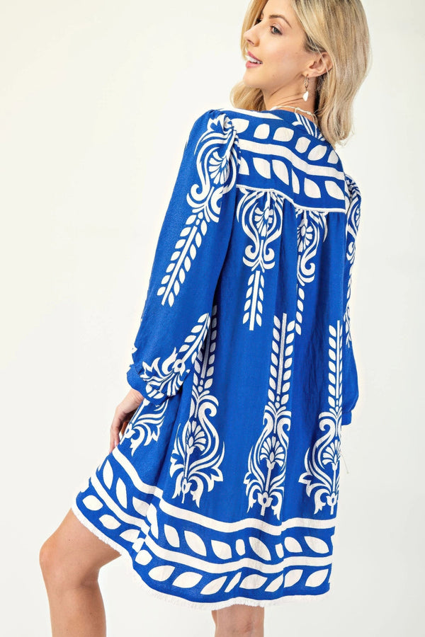 Printed 3/4 Sleeve Dress With Tassel Tie And Fringe Detail On Hem - Dress - SmartBuyApparel
