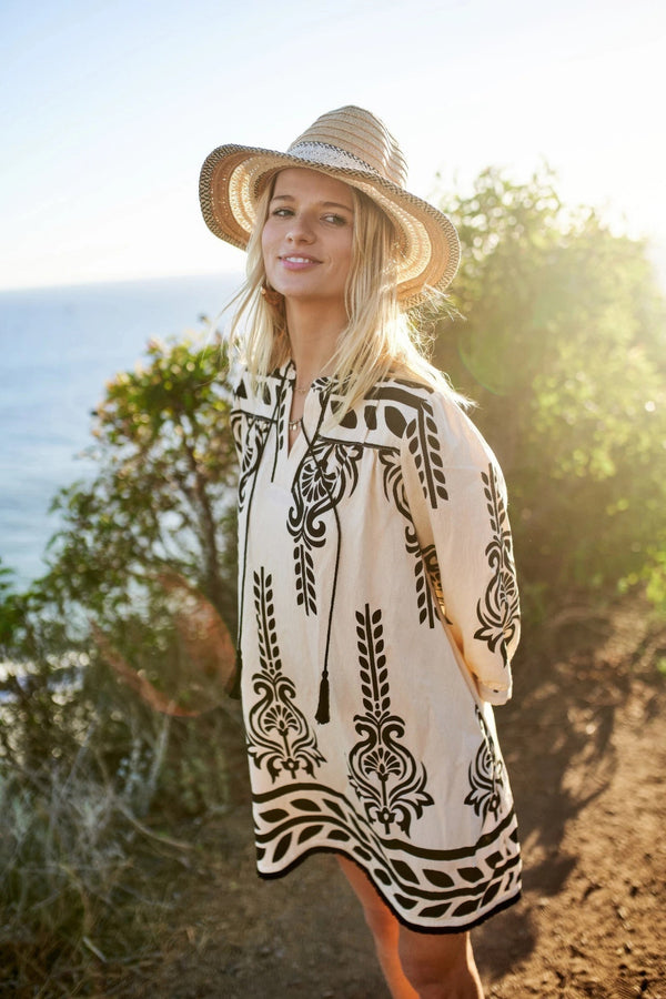 Printed 3/4 Sleeve Dress With Tassel Tie And Fringe Detail On Hem - Dress - SmartBuyApparel