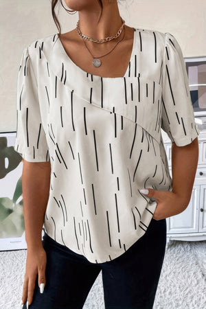 Printed Puff Sleeve Shirt With Line Pattern - | SmartBuyApparel