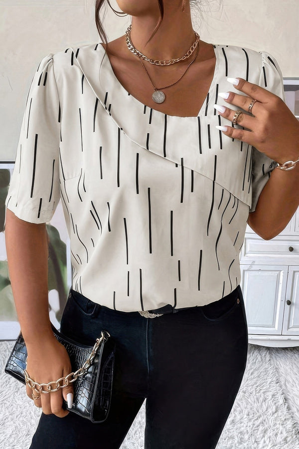 Printed Puff Sleeve Shirt With Line Pattern - | SmartBuyApparel