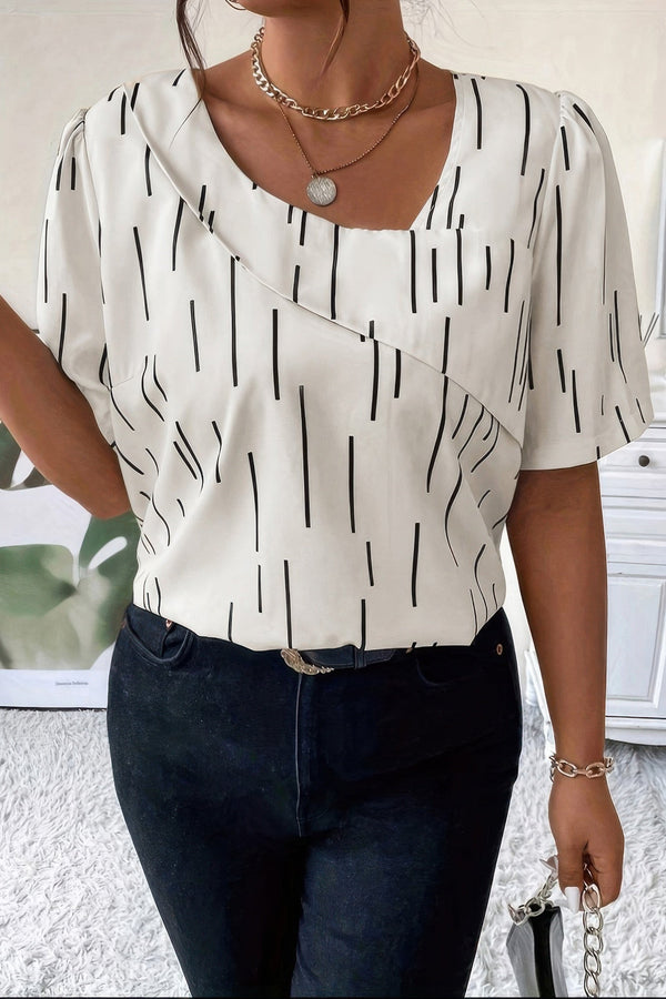 Printed Puff Sleeve Shirt With Line Pattern - | SmartBuyApparel