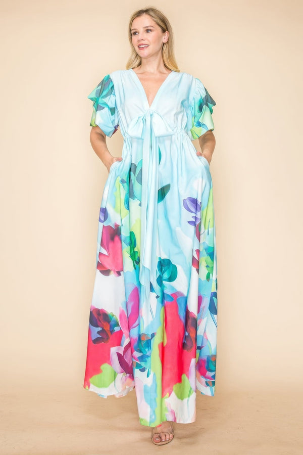 Printed V Neck Maxi Dress - | SmartBuyApparel