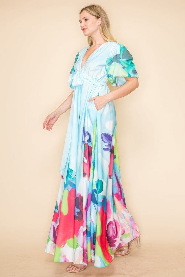 Printed V Neck Maxi Dress - | SmartBuyApparel