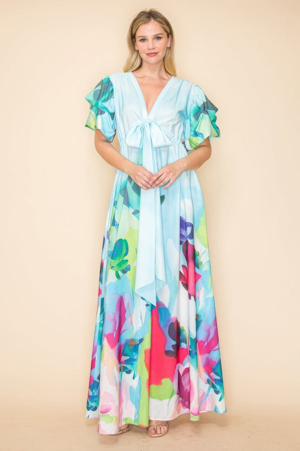 Printed V Neck Maxi Dress - | SmartBuyApparel