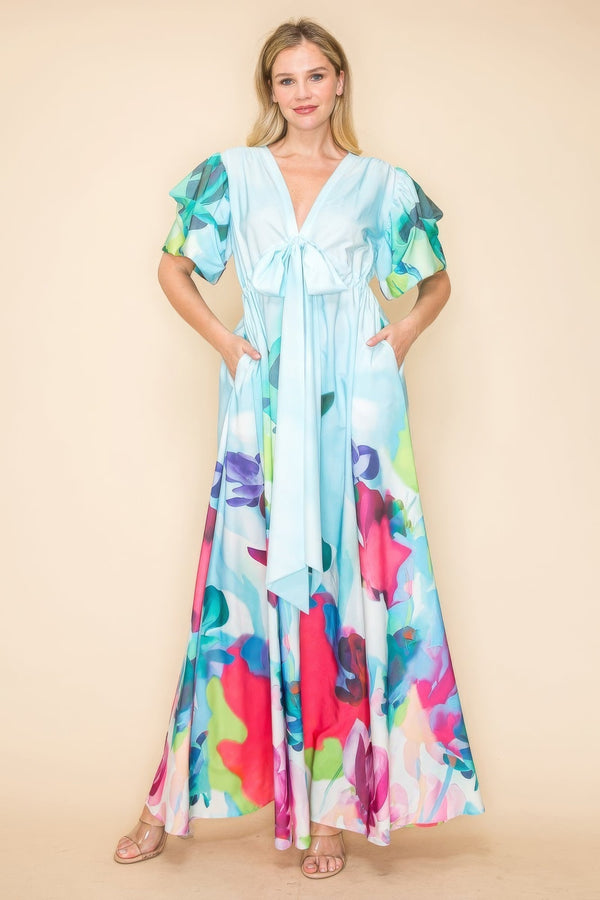 Printed V Neck Maxi Dress - | SmartBuyApparel