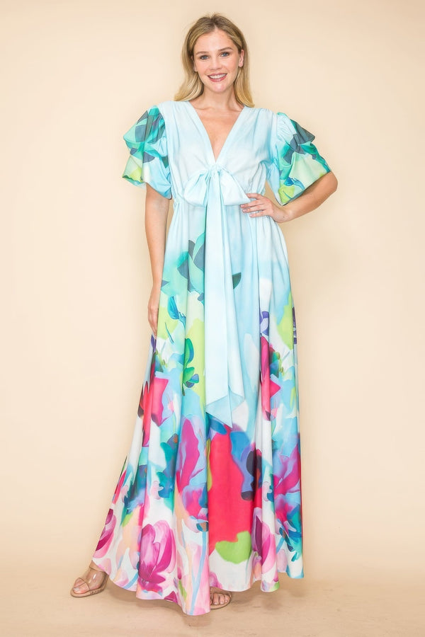 Printed V Neck Maxi Dress - | SmartBuyApparel