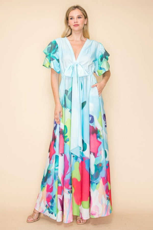 Printed V Neck Maxi Dress - | SmartBuyApparel