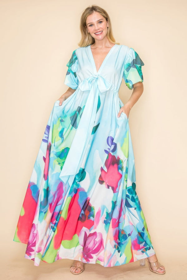 Printed V Neck Maxi Dress - | SmartBuyApparel