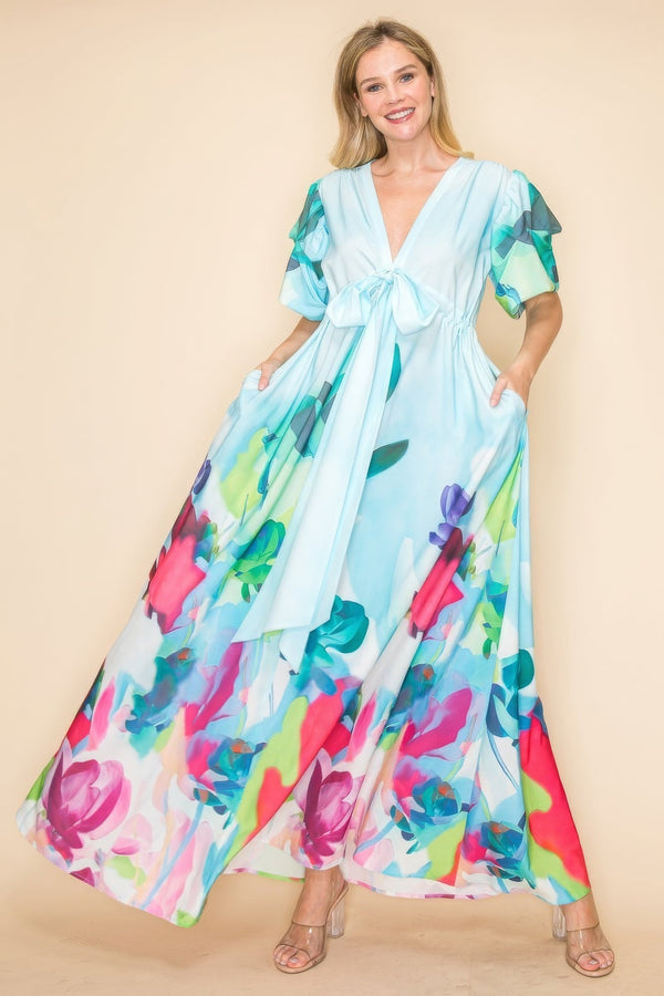 Printed V Neck Maxi Dress - | SmartBuyApparel