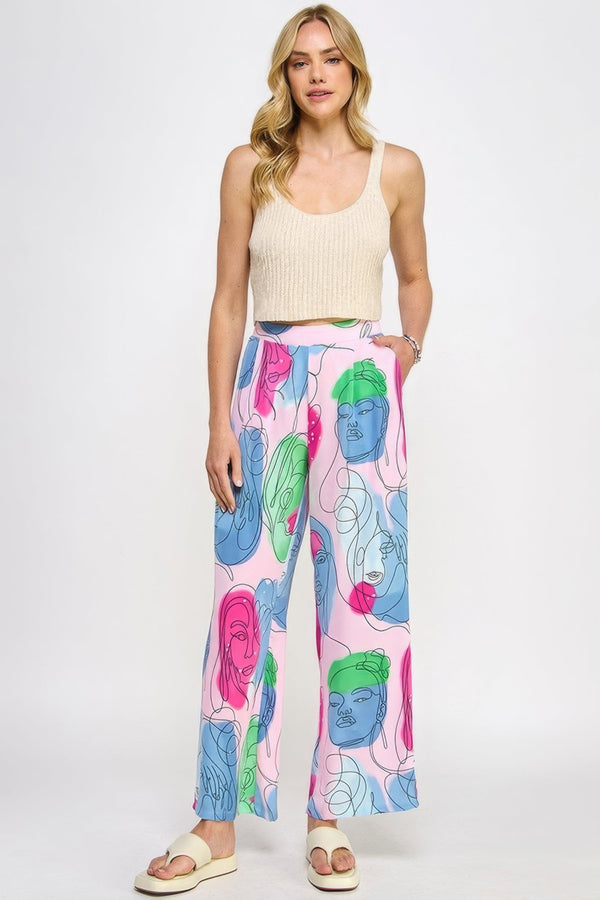 Printed Wide Leg Pant With Elastic Back - Women's Pants - SmartBuyApparel