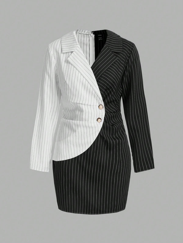 Privé Color - Block Striped Lapel Collar Dress - SmartBuyApparel - Women Dresses