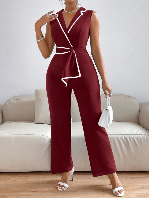 Privé Lapel Collar Contrast Binding Jumpsuit - SmartBuyApparel - Women Jumpsuits