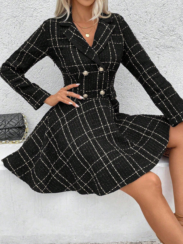 Privé Women Lapel Plaid Double - Breasted Long Sleeve Elegant Commuter Dress, Spring & Fall - SmartBuyApparel - Women Short Dresses