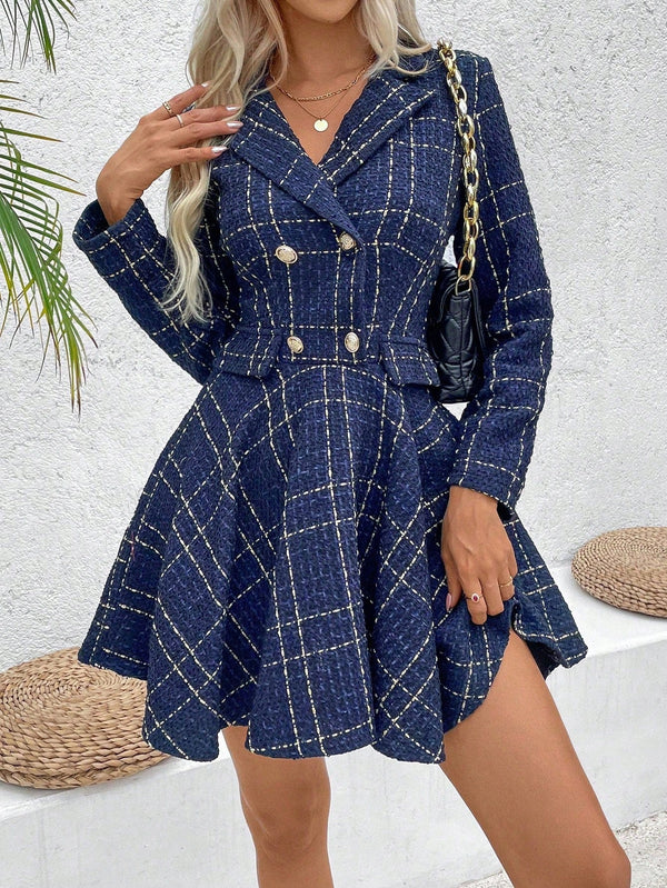 Privé Women Lapel Plaid Double - Breasted Long Sleeve Elegant Commuter Dress, Spring & Fall - SmartBuyApparel - Women Short Dresses