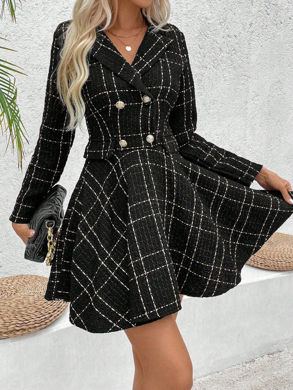 Privé Women Lapel Plaid Double - Breasted Long Sleeve Elegant Commuter Dress, Spring & Fall - SmartBuyApparel - Women Short Dresses