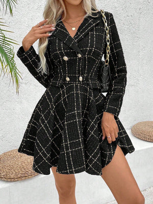 Privé Women Lapel Plaid Double - Breasted Long Sleeve Elegant Commuter Dress, Spring & Fall - SmartBuyApparel - Women Short Dresses