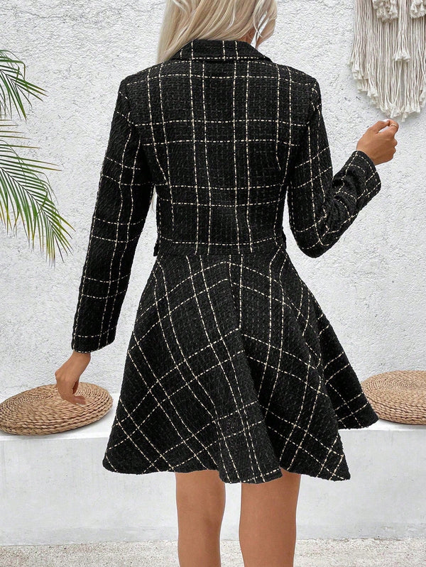 Privé Women Lapel Plaid Double - Breasted Long Sleeve Elegant Commuter Dress, Spring & Fall - SmartBuyApparel - Women Short Dresses