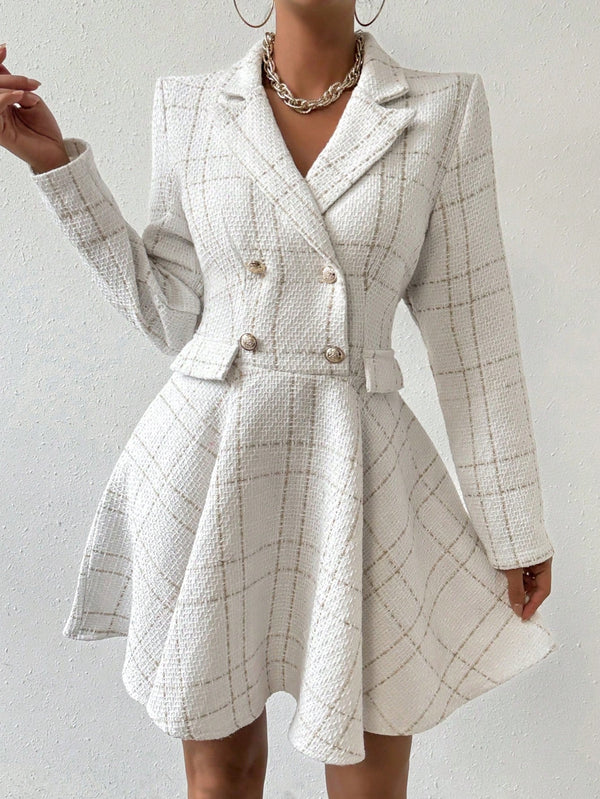 Privé Women Lapel Plaid Double - Breasted Long Sleeve Elegant Commuter Dress, Spring & Fall - SmartBuyApparel - Women Short Dresses