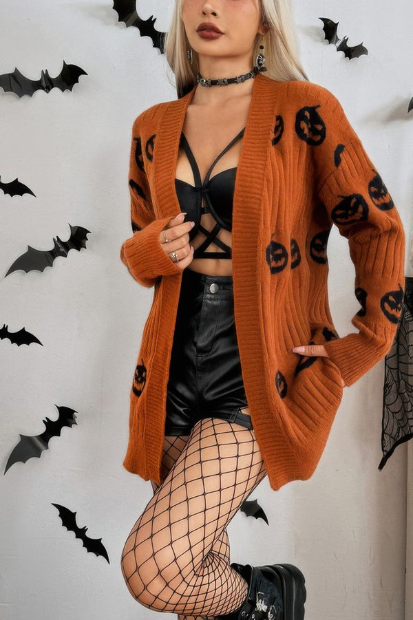 Pumpkin Print Open Front Long Sleeve Cardigan - | SmartBuyApparel