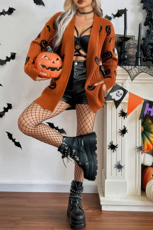 Pumpkin Print Open Front Long Sleeve Cardigan - | SmartBuyApparel