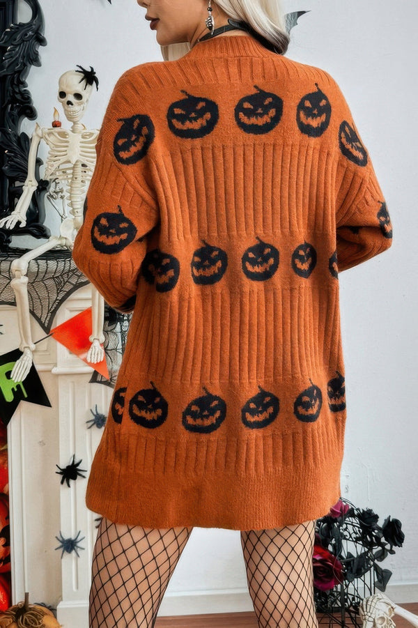 Pumpkin Print Open Front Long Sleeve Cardigan - | SmartBuyApparel