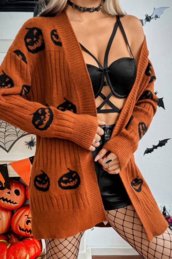 Pumpkin Print Open Front Long Sleeve Cardigan - | SmartBuyApparel