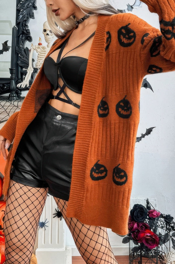 Pumpkin Print Open Front Long Sleeve Cardigan - | SmartBuyApparel